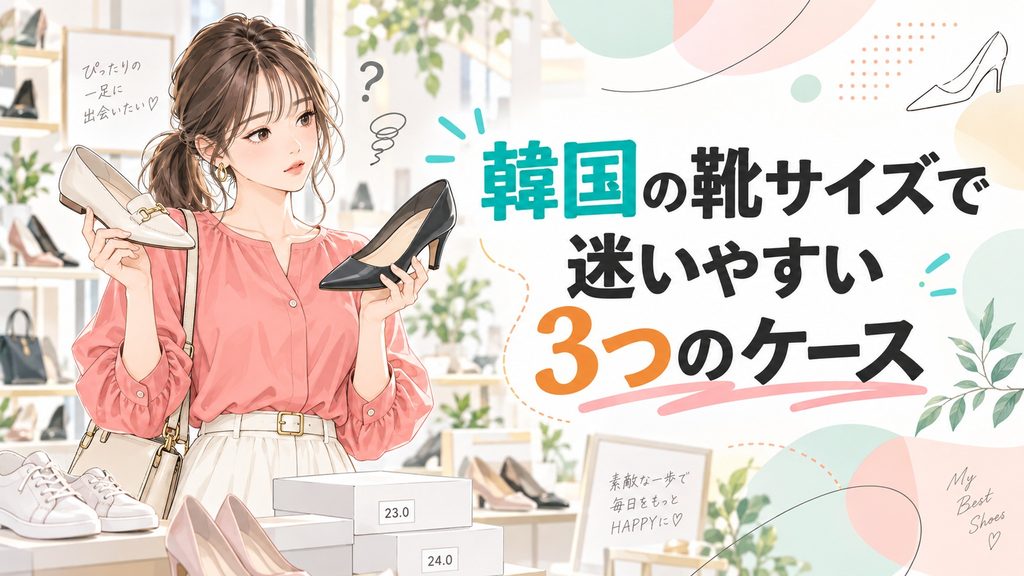 韓国の靴サイズ選びで2足を比較しながら迷う女性のイラスト
