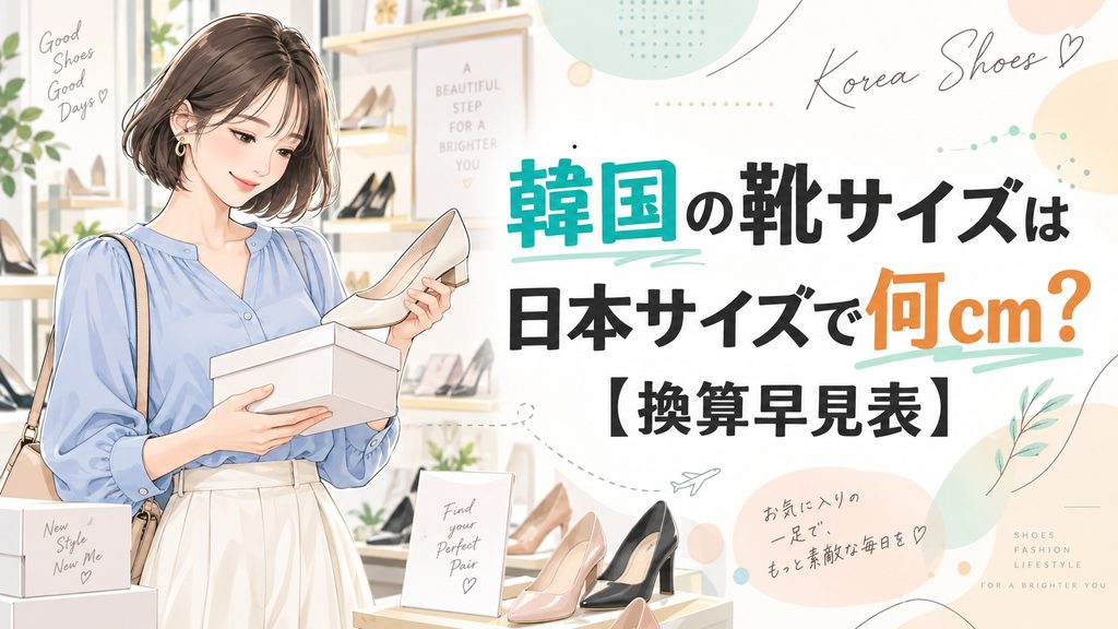 韓国の靴サイズを日本サイズへ換算する早見表を確認する女性のイラスト
