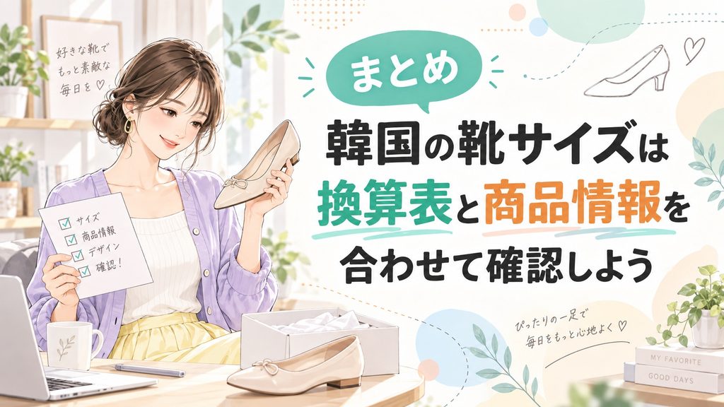 韓国の靴サイズを換算表と商品情報で確認する女性のイラスト