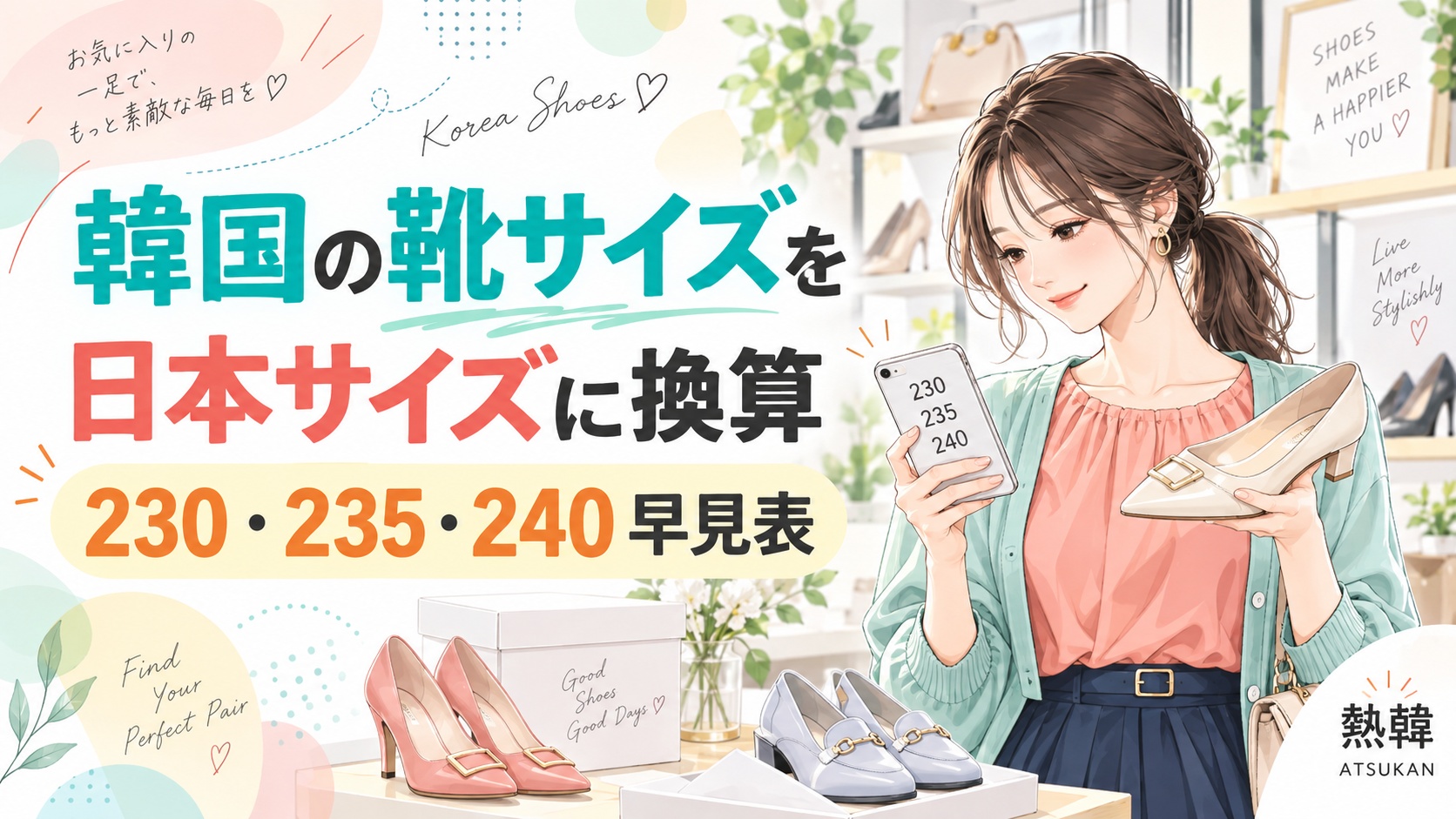 韓国の靴サイズを日本サイズに換算する早見表をテーマに、スマホと靴を持つ女性を描いた明るいライフスタイル風イラストサムネイル