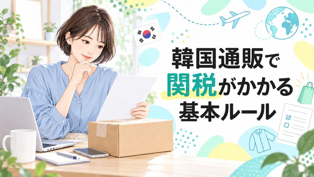 韓国通販で関税がかかる基本ルールを、荷物や書類を確認する女性と海外配送のイメージで表現したイラスト
