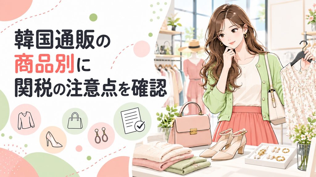韓国通販の商品別に関税の注意点を、洋服・バッグ・靴・アクセサリーを確認する女性で表現したイラスト