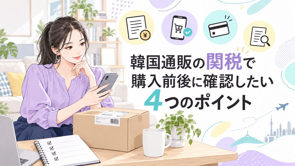 韓国通販の関税で購入前後に確認したい4つのポイントを、スマートフォンや荷物を確認する女性で表現したイラスト
