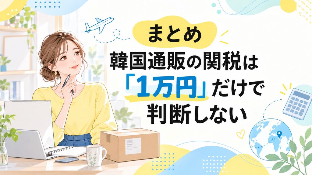 韓国通販の関税は1万円だけで判断しないことを、荷物や計算を確認する女性で表現したまとめイラスト