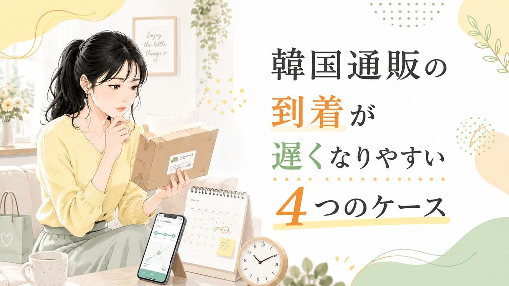荷物やカレンダー、配送状況を確認する女性と、韓国通販の到着が遅くなりやすい4つのケースを表したイラスト