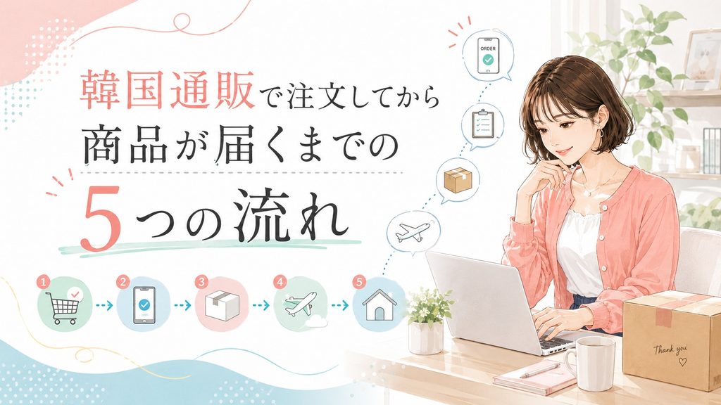 パソコンで注文状況を確認する女性と、韓国通販で注文してから商品が届くまでの5つの流れを示したイラスト