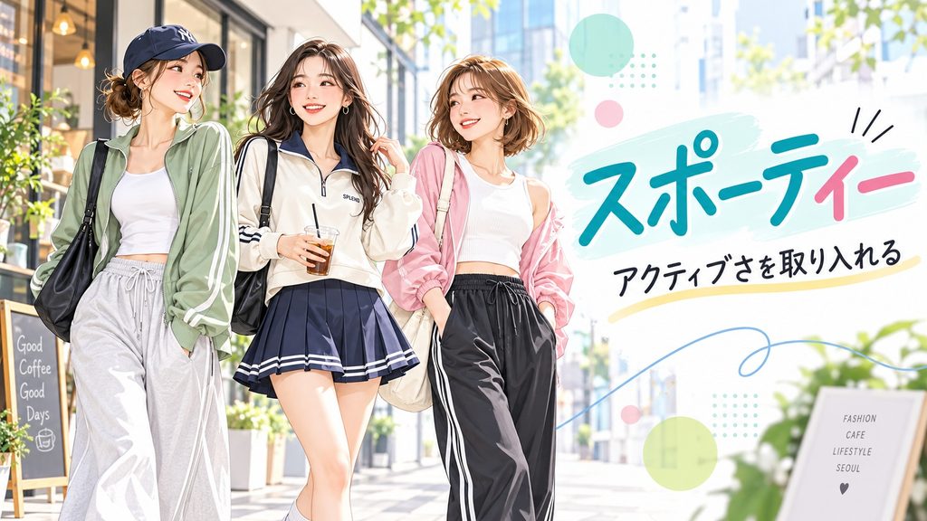 韓国スポーティーのアクティブなコーディネートを着こなす3人の女性。トラックジャケットやジャージパンツ、プリーツスカート、キャップなどを取り入れた、動きやすくカジュアルな韓国ファッションのイラスト。