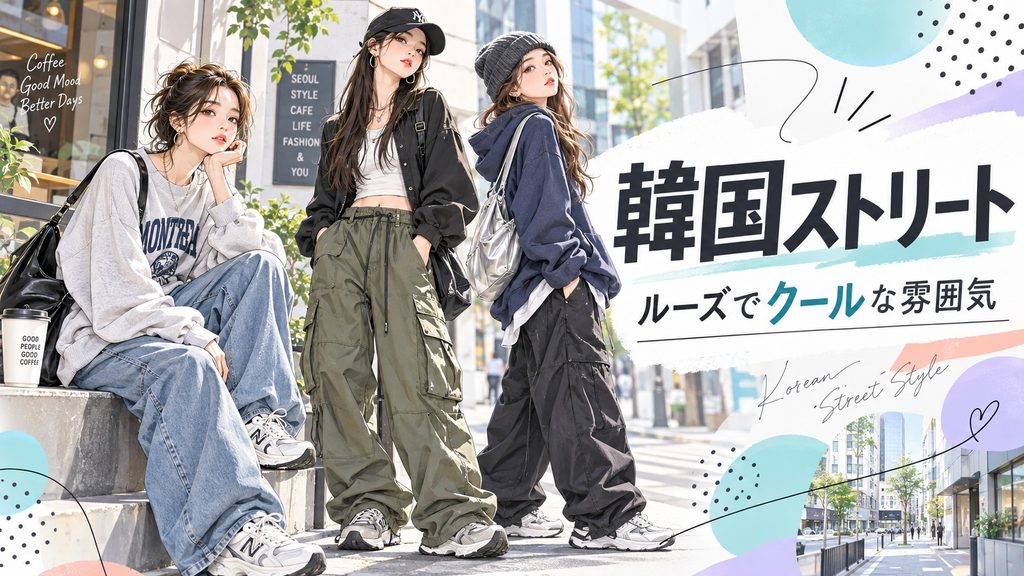 韓国ストリートのルーズでクールなコーディネートを着こなす3人の女性。オーバーサイズのトップスやカーゴパンツ、ワイドデニム、キャップやスニーカーを取り入れた韓国ファッションのイラスト。