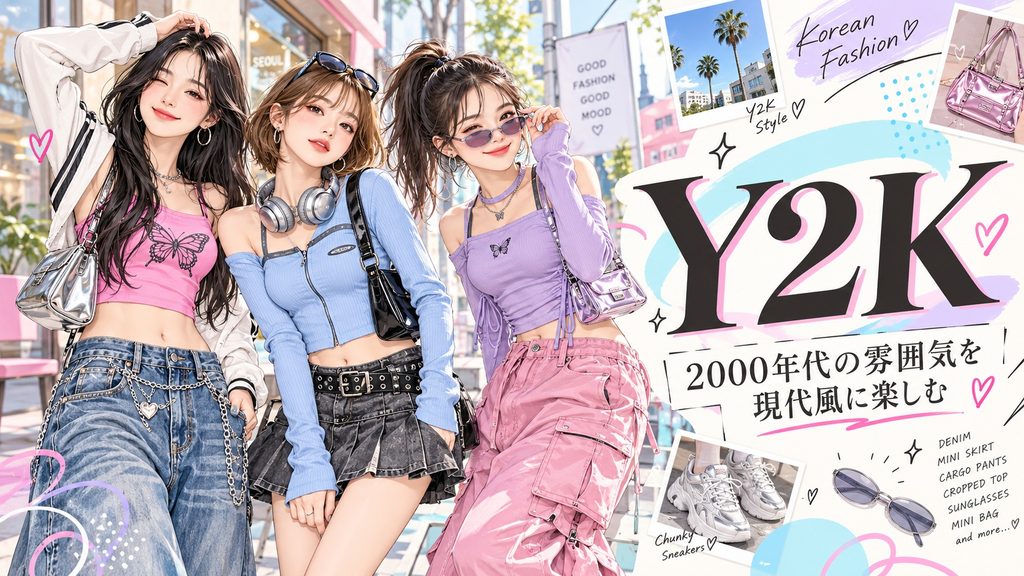 Y2Kファッションを現代風に取り入れた3人の女性。短丈トップスやバギーデニム、ミニスカート、カーゴパンツ、サングラスなどを組み合わせた2000年代風の韓国ファッションを紹介したイラスト。